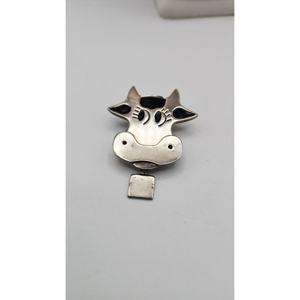 Best Silver-tone Black enamel Cow pendant brooch 2 3/8"